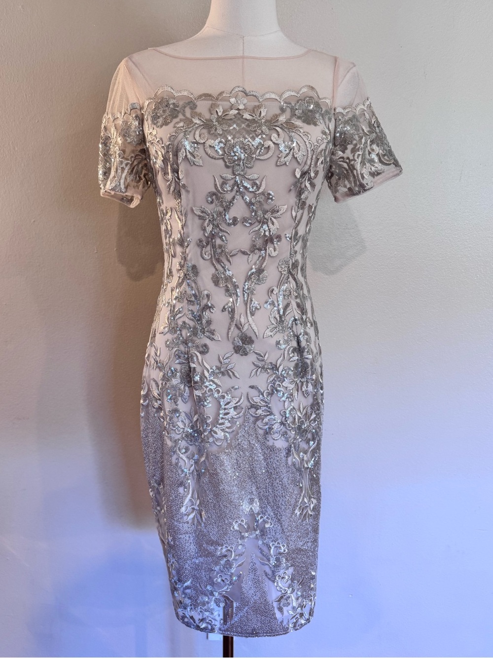 Adrianna Papell Silver Sequin Embroidered Illusion Cocktail Dress